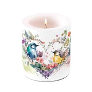 Loving Birds Szív Gyertya, 10x10cm, fehér gyertya két madárral szívben, akvarell mintával - Ambiente
