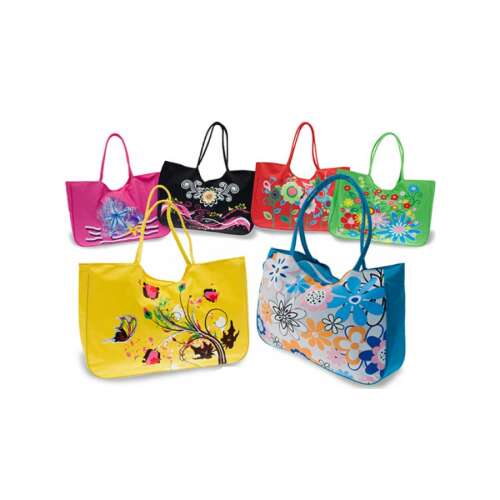 Színes virágmintás strandtáskák választéka, nagy méretű, cipzáras, különböző mintákkal