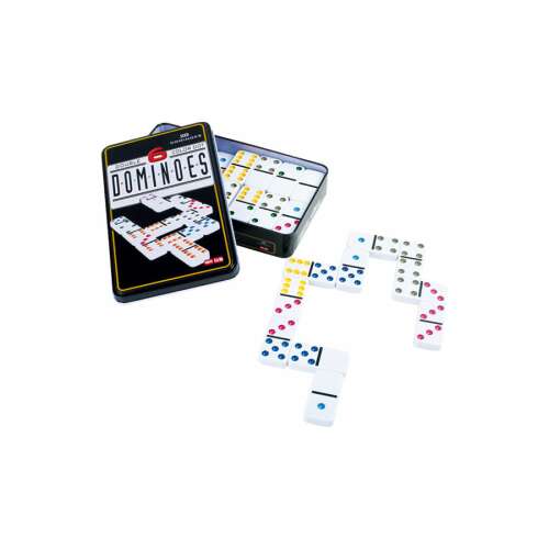 Dominó játék szett fém dobozban, 28 darab, színes pöttyökkel