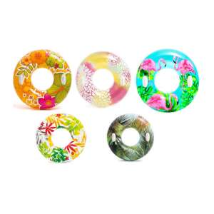 Intex 97 cm felfújható úszógumi különböző mintákkal, köztük virágos, flamingós és pálmaleveles mintákkal - Gyerek úszógumi