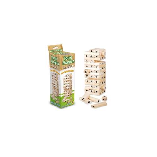 Jenga játék dobókockával, fa blokkok szimbólumokkal, Torre Magica in legno