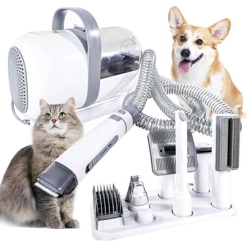 Timeless Tools Pet Grooming Kit with Vacuum, a collage showing the vacuum, grooming tools, and a cat and dog