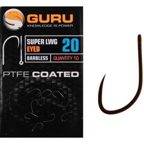 Guru Super LWG Eyed Barbless Horgászhorgok 16-os méretben, PTFE bevonattal, 10 darabos csomag - Guru