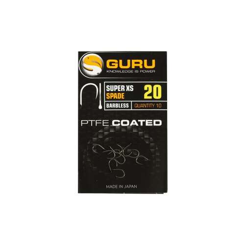 Guru Super XS Spade Barbless Horgászhorgok 20-as méretben, PTFE bevonattal, 10 darabos csomag