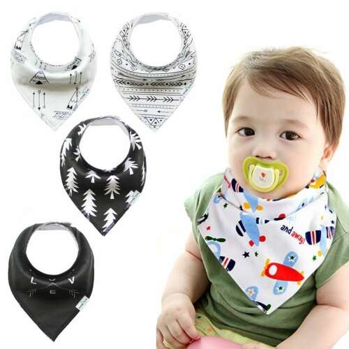 4 darabos baba előke készlet, különböző mintákkal, fekete-fehér, pamut, fiúknak és lányoknak