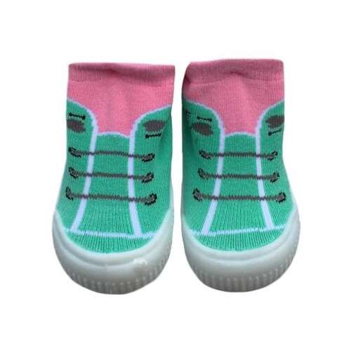 Rózsaszín és zöld babazokni cipő gumitalppal