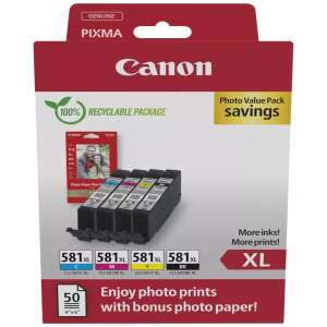 Canon CLI-581XL ink cartridge multipack with photo paper, includes cyan, magenta, yellow, and black ink cartridges, 50 sheets of 10x15cm photo paper - Printer supply