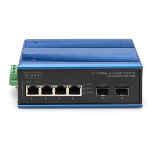 Digitus DN-651148 Индустриален 4+2-портов Gigabit Ethernet Switch, предна гледка, показваща RJ45 и SFP портове - Технически статии и електроника