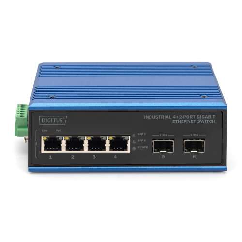 Digitus DN-651148 Индустриален 4+2-портов Gigabit Ethernet Switch, предна гледка, показваща RJ45 и SFP портове