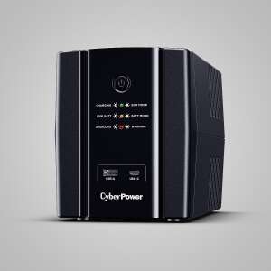 CyberPower UT1500EG-FR 1500VA / 900W vonalinteraktív UPS, elülső nézet, a bekapcsoló gombbal, LED-jelzőkkel és USB-portokkal - Cyber Power