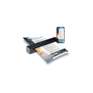 IRIScan Anywhere 6 Wifi portable scanner scanning a document with a smartphone in the background - Iris