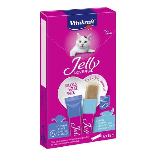 Vitakraft Jelly Lovers zselés jutalomfalat macskáknak lazacos és lepényhalas (1 csomag | 6 x 15 g = 2 x 3 db 15 g-os tasak)