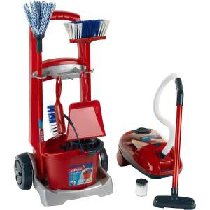 Vileda Junior Cleaning Cart and Vacuum Cleaner Playset, red and silver, includes a cleaning cart with a bucket, mop, broom, dustpan, and a vacuum cleaner with sound effects - Household Toy