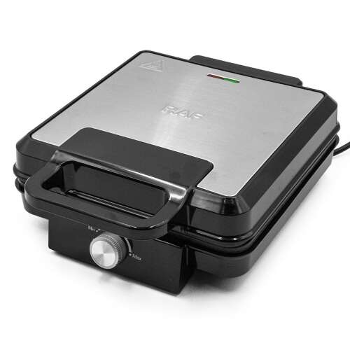 RAF 1500W gofrisütő, fekete és rozsdamentes acél, tapadásmentes felület, jelzőfény