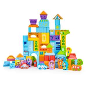 Set de blocuri de construcție din lemn ECOTOYS, 100 de piese, cu blocuri colorate, clădiri, vehicule și personaje pentru joacă imaginativă - Jocuri creative și de construcție
