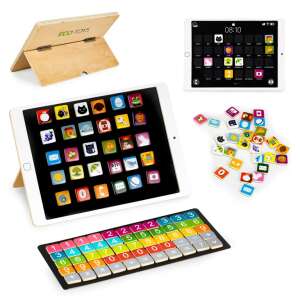ECOTOYS Holz-Lern-Tablet mit Ständer, Zahlen, Symbolen und bunten Icons - Entwicklungsspiele für Kinder im Kindergartenalter