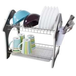 Black and white dish drying rack with two levels, a cutlery holder, and hooks for hanging kitchen utensils - Kitchen tool