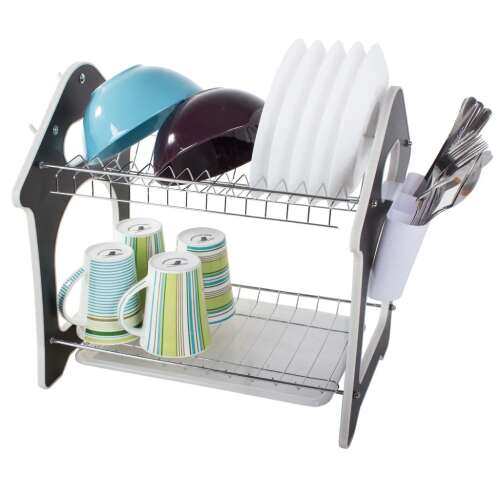 Black and white dish drying rack with two levels, a cutlery holder, and hooks for hanging kitchen utensils