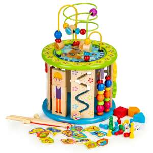 ECOTOYS Educational Wooden Activity Cube with Fishing Game, Labyrinth, Beads, Gears, and Blocks for Toddlers - Ecotoys