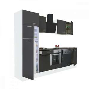 Yorki 280 Küchenblock, weißer Korpus, Anthrazitfront, mit Unterbackofenelement und obenliegender Gefrierkombination - Leziter