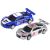 Two electric slot cars, blue and silver, close-up