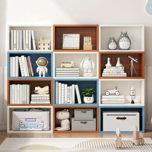 12-shelf bookcase, modular shelving unit, storage shelves, bookshelf for books, home decor, living room furniture, kids room storage, white, blue, brown, 45x17x30cm