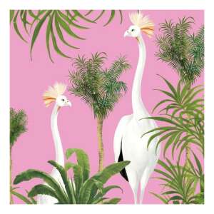 Sommerappartement Vogel papírszalvéta trópusi mintával, fehér madarakkal és pálmafák képeivel rózsaszín alapon - Háztartási papírtermék