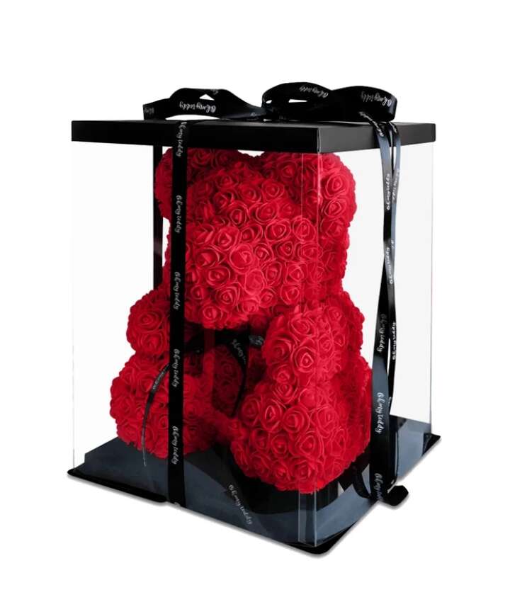 Örök rózsa virág maci díszdobozban - piros - NAGY 40 cm