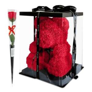 Örök rózsa virág maci díszdobozban - piros + 1 szál szappanrózsa - NAGY 40 cm 91893264 Ajándék ötletek Valentin-napra