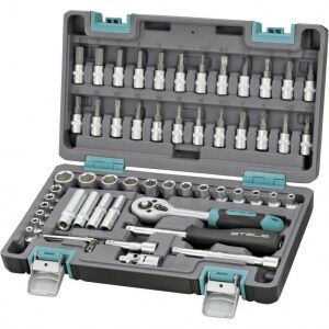 STELS 57 részes szerszámkészlet 1/4" meghajtóval, dugókulcsokkal, racsnis hajtókarral és csavarhúzó bitekkel - Stels
