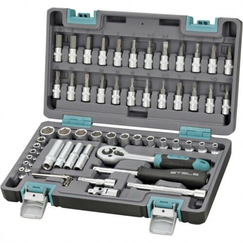 STELS 57 részes szerszámkészlet 1/4" meghajtóval, dugókulcsokkal, racsnis hajtókarral és csavarhúzó bitekkel
