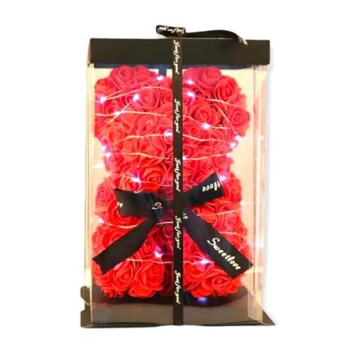 Piros rózsaszálból készült maci LED világítással ajándékdobozban, 25 cm, tökéletes Valentin-napra, Anyák napjára vagy bármilyen különleges alkalomra