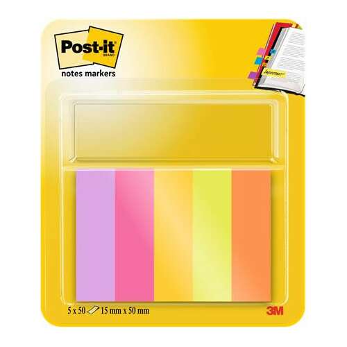 Post-it® jelölőcímkék, 5 csomag 50 lapos, 15x50 mm, vegyes színek - 3M