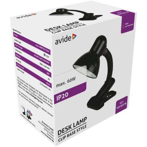 Lampă de birou Avide Basic cu clip, negru, max. 60W, soclu E27