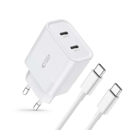 Încărcător de perete Tech-Protect C20W cu două porturi USB-C cu cablu USB-C, alb