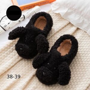 Black dog animal slippers size 38-39, cozy house footwear - Women's Slipper