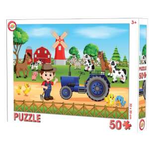 Puzzle pentru copii, 50 de piese, cu un fermier, tractor, animale și o moară de vânt - OEM Puzzle