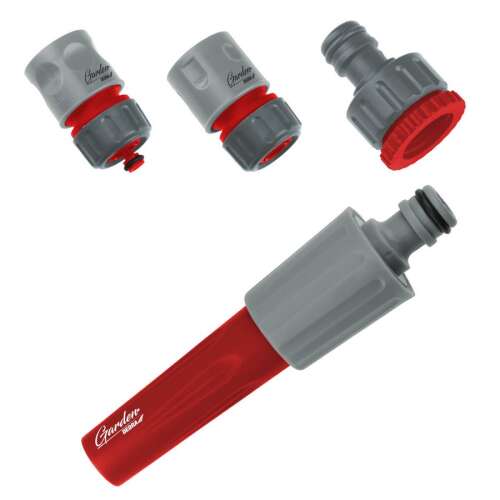 Garden World állítható szórófej készlet, 4 db, tartalmaz egyenes szórófejet, csapcsatlakozót, gyorscsatlakozót, gyorscsatlakozó STOP-ot, ABS műanyagból készült