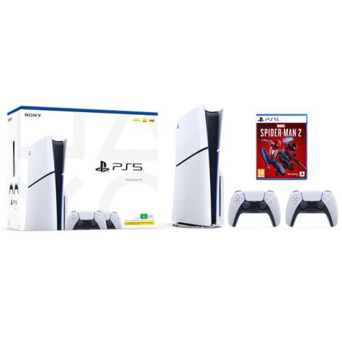 PlayStation®5 Slim Konzol + 2 DualSense vezeték nélküli kontroller + Sony Marvel's Spider-Man 2 játékszoftver