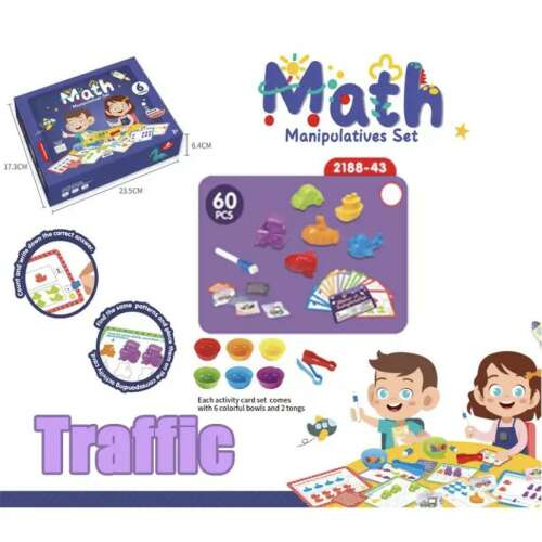 Montessori Oktató Járművek, Amelyek Számolni Tanulnak feladatkártyával 60 darabos, Közlekedési téma, oktató játékok gyerekeknek, játék közbeni tanulás, matematikai játékok óvodásoknak