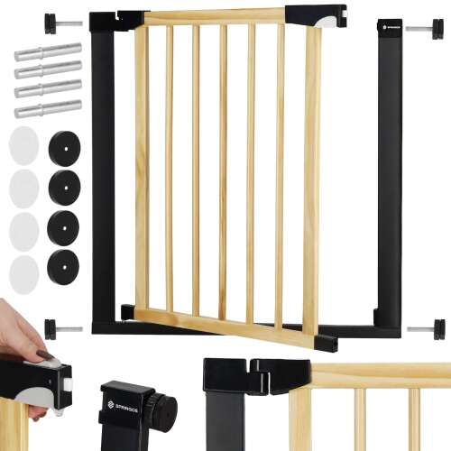 Springos baby gate with extension, assembled, showing all parts, including mounting hardware