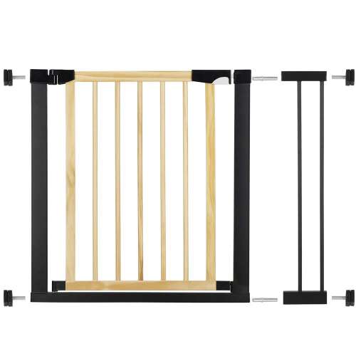 Springos baby gate with extension, black and wood, disassembled