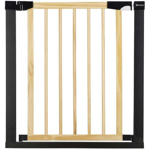 Springos wooden baby gate with black metal frame, closed