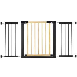 Springos baby gate with two extensions, black and wood, assembled - Safety Gate