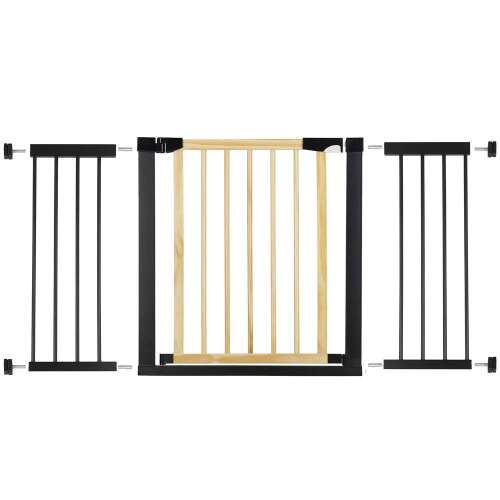 Springos baby gate with two extensions, black and wood, assembled