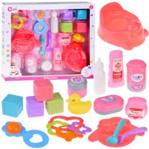 Baby care set with rattles and teethers, includes potty, bottle, blocks, spoon, fork, plate, bowl, soap, cream, powder, bath toys, and more - Ramiz