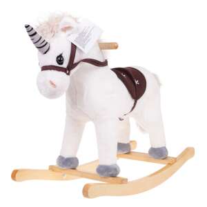 Biały konik na biegunach, jednorożec, brązowe siodło, drewniana podstawa, dla dzieci, pluszowa zabawka - Gry i sprzęt na świeżym powietrzu