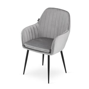 Angled view of Mercaton Lugo silver velvet dining chair with black legs - Kitchen Furniture