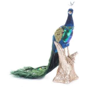 Decoratiune Craciun, paun cu puf, albastru, 24x12x32 cm 92008862