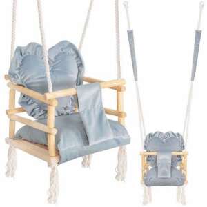 Collage of different views of the light blue baby swing with heart-shaped pillow, wooden frame, and white ropes - Babies & Toddler